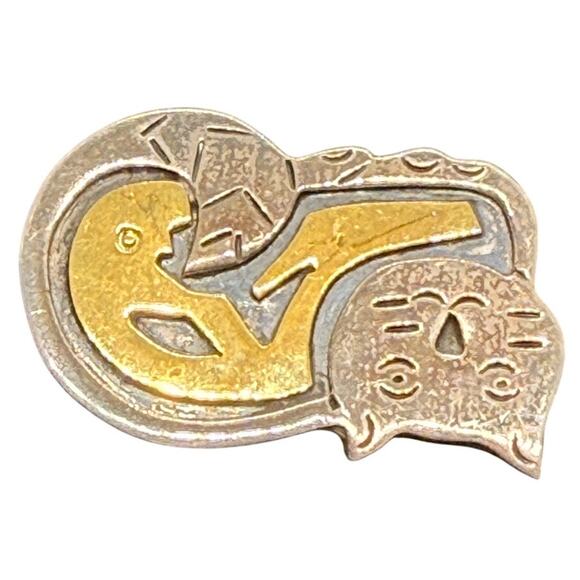 Cat Brooch 925 Sterling Silver Two Tone Gold Plated Overlay Pin Vintage - Picture 3 of 6